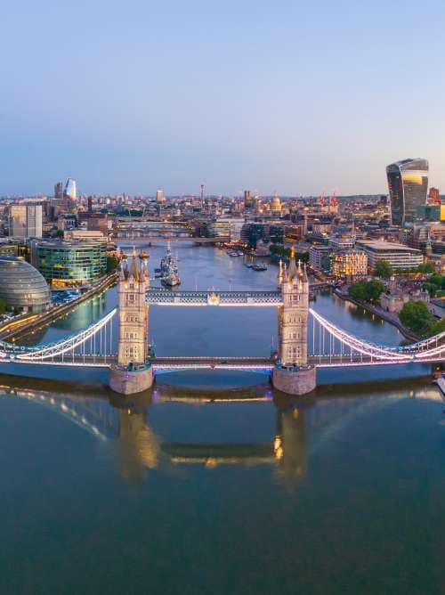 View of London from the River Thames, showing Tower Bridge
