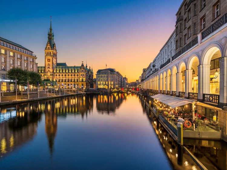 Sunset at the City Hall in Hamburg, Germany