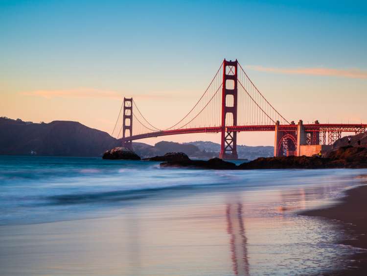 The Golden Gate Bridge in San Francisco at sunset