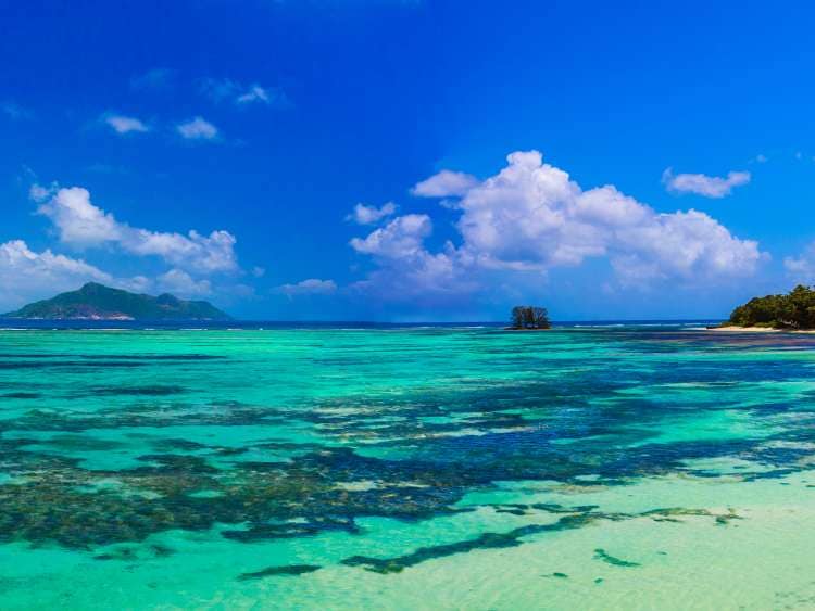 Astonishing panoramic view of the paradise coastline around the island with other islands on the horizon on Mauritius and Reunion islands.; Shutterstock ID 348430478; Invoice Number: -