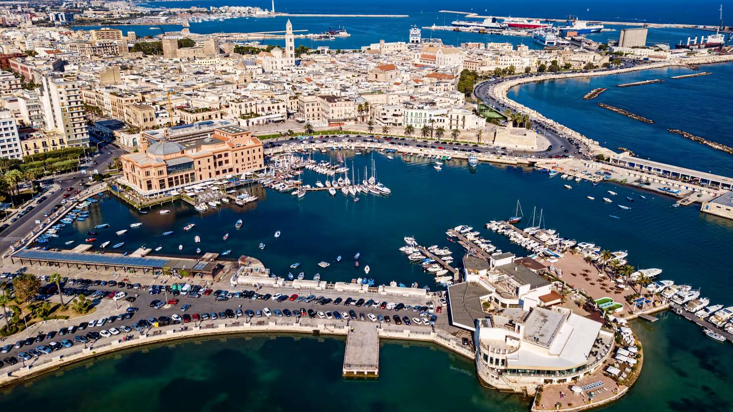 Aerial view of downtown Bari with old town and port area, Puglia, Italy