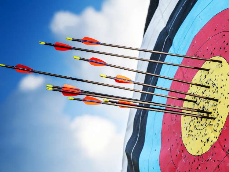 Successful concept, all gold arrows on target, archery sport.; Shutterstock ID 1017417631; Invoice Number: -