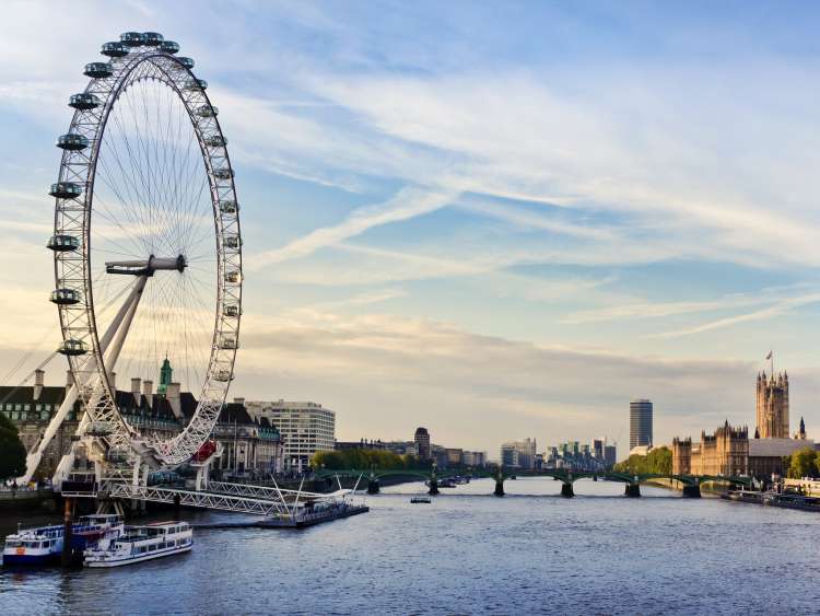 London morning. London eye, County Hall, Westminster Bridge, Big Ben and Houses of Parliament - Shutterstock ID 90849980