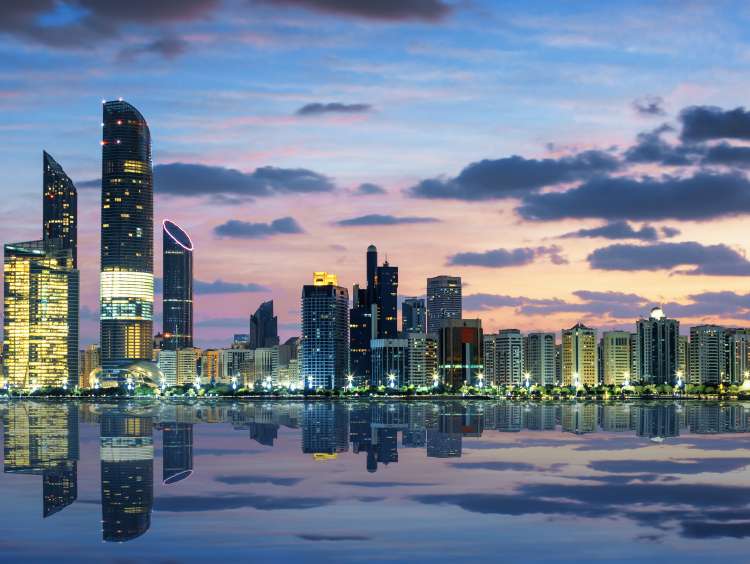 Skyscrapers line the harbor in Abu Dhabi, UAE