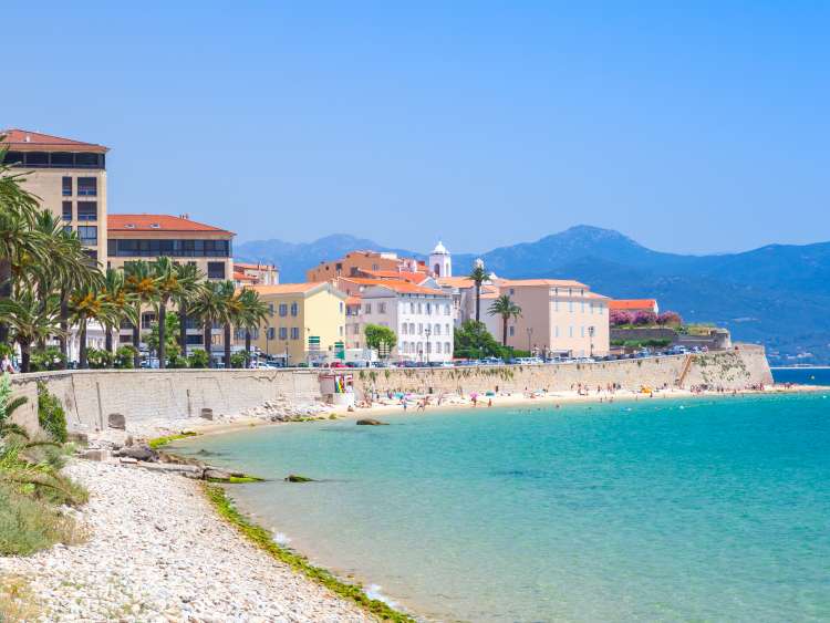 Palm trees and colourful buildings line the seafront in Ajaccio, Corsica, France