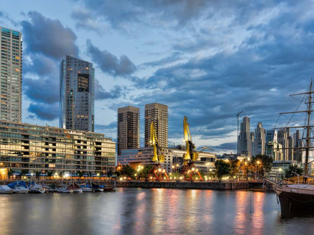 Skyscrapers in Buenos Aires harbour at sunset