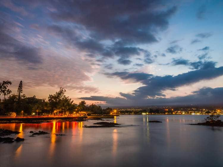 Sunset over Hilo harbor, Hawaii, USA