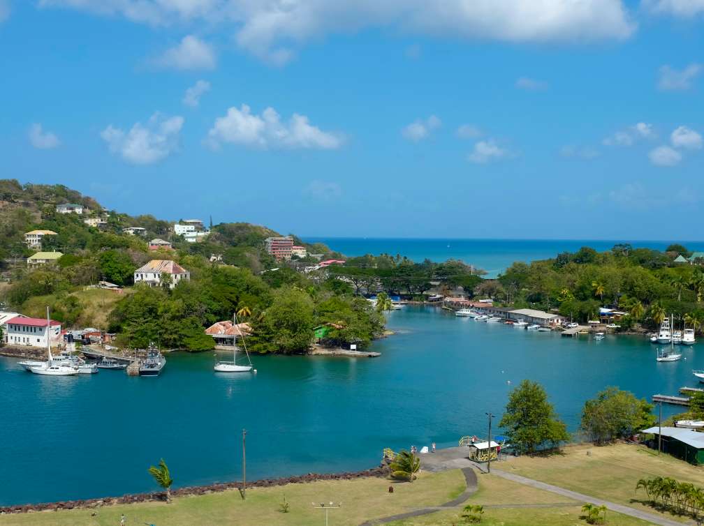 Marinas and pontoons dotted around leafy shorelines in Castries, St Lucia