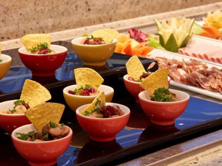 Bean salad and cold meat selection in the Lido restaurant on board Cunard's Queen Victoria