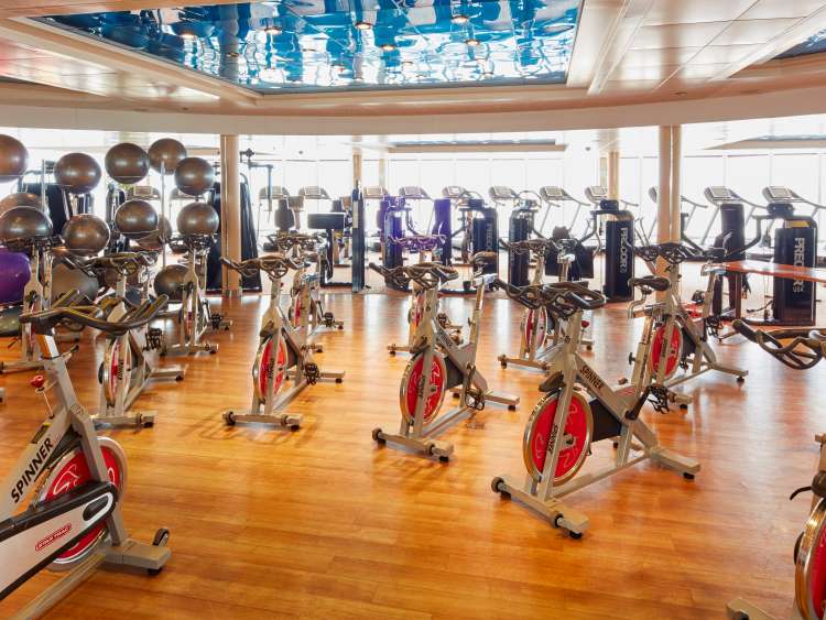 Fitness centre on board Cunard's Queen Victoria, showing exercise bikes and other equipment, and sea views