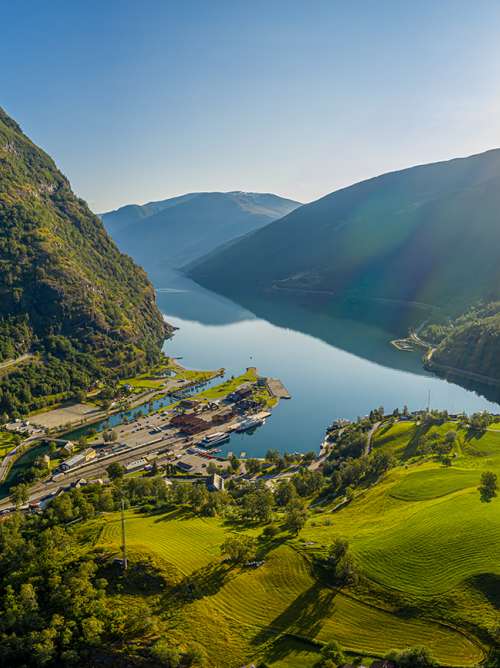 Beautiful aerial view of the fjord at Aurlandsfjord Town Of Flam in Norway at dawn. 