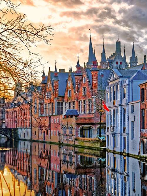 Winter evening view of the canals of Bruges (Brugge) Belgium. 