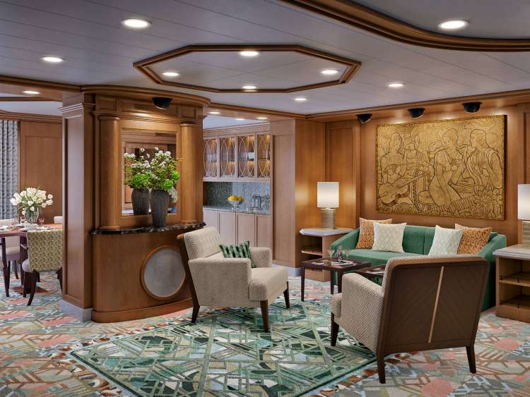 Render of Master Suite (Queens Grill) on board Queen Elizabeth ahead of her 2025 refit