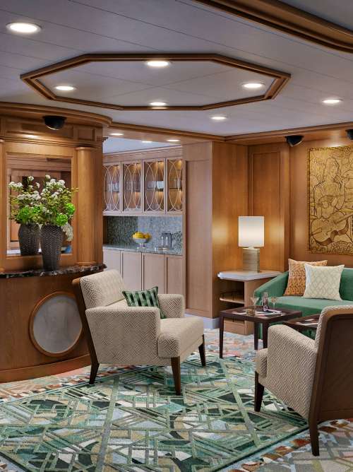 Render of Master Suite (Queens Grill) on board Queen Elizabeth ahead of her 2025 refit