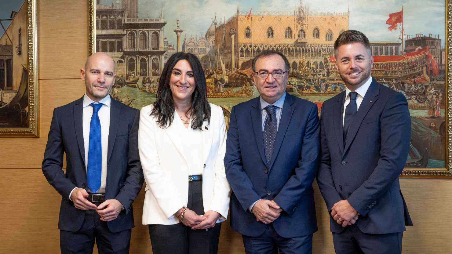 From left to right; Marco Lunardi, Katie McAlister, Luigi Matarazzo, and Paul Ludlow, at Queen Anne's handover ceremony at Marghera shipyard.