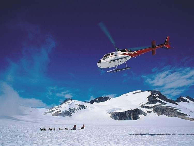 A helicopter flying over a dogsled in Alaska