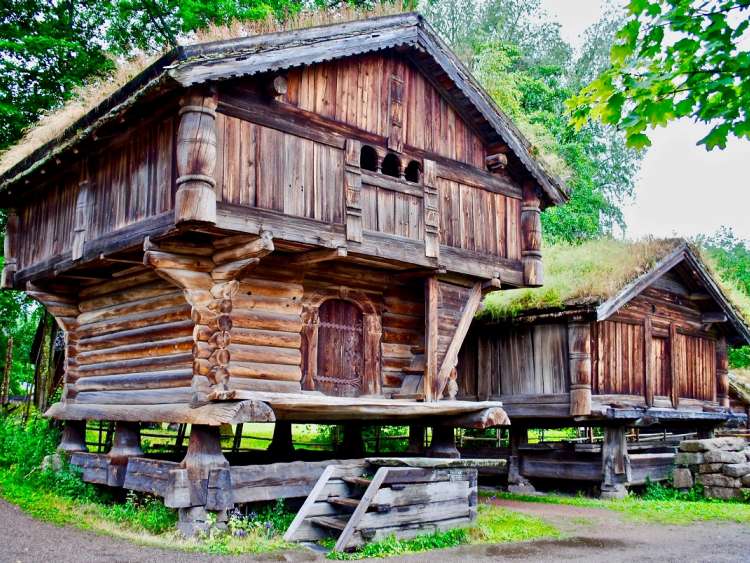 Storehouse at Norsk Folkemuseum (Folk Museum) at BygdÃ¸y in Oslo, Norway, an open-air museum with 160 historic buildings. The Setesdal farmstead is furnished to look as it did in the 1700s. 