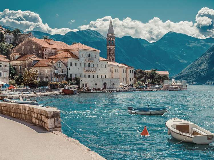 Harbour and boats at Boka Kotor bay Montenegro, Europe