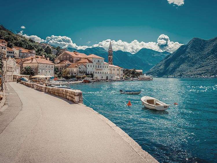 Harbour and boats at Boka Kotor bay Montenegro, Europe