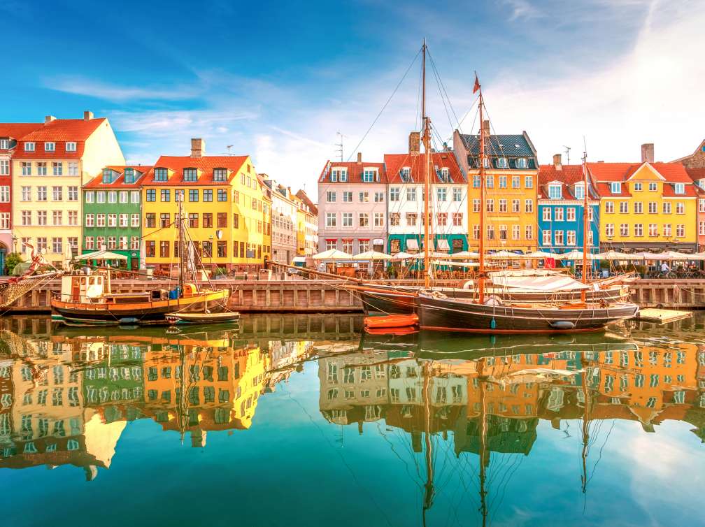 Boats line the quayside in Nyhavn, old town, Copenhagen