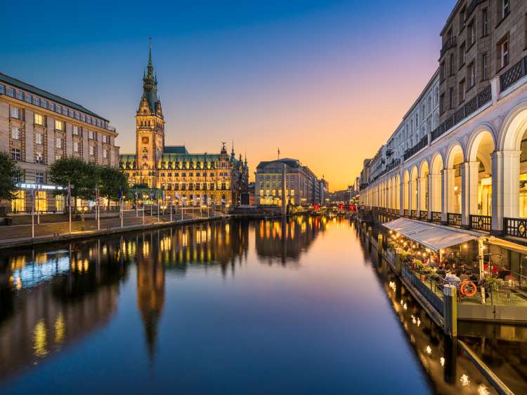 Sunset at the City Hall in Hamburg, Germany