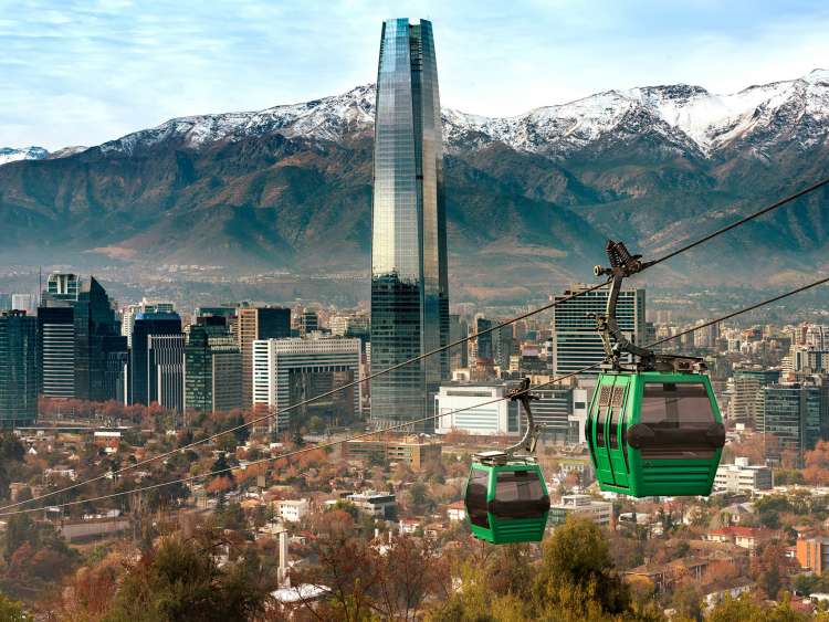 Skyscapers and snowcapped mountains in Santiago, Chile