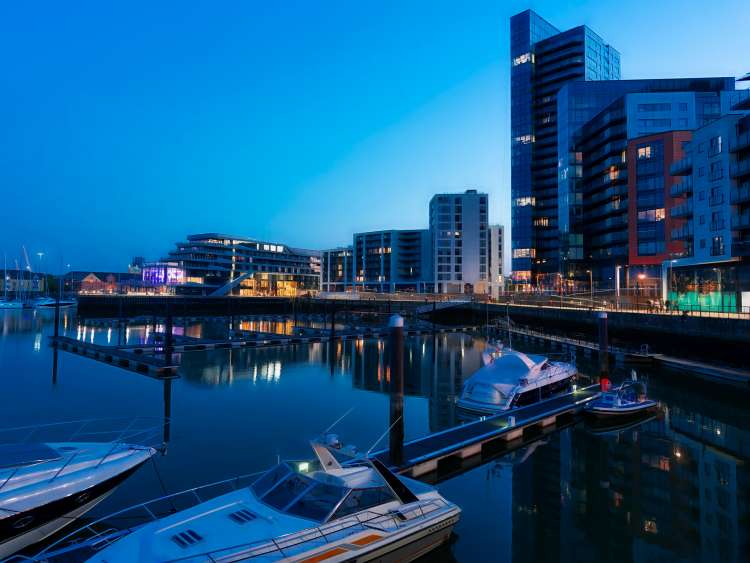 Ocean Village Marina in Southampton at night