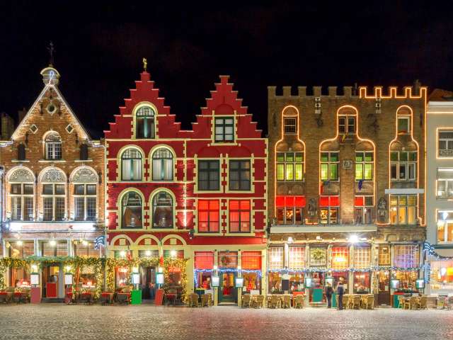 Christmas decoration and lighting Old Market Square in the historic center of Bruges, Belgium.; Shutterstock ID 389804668