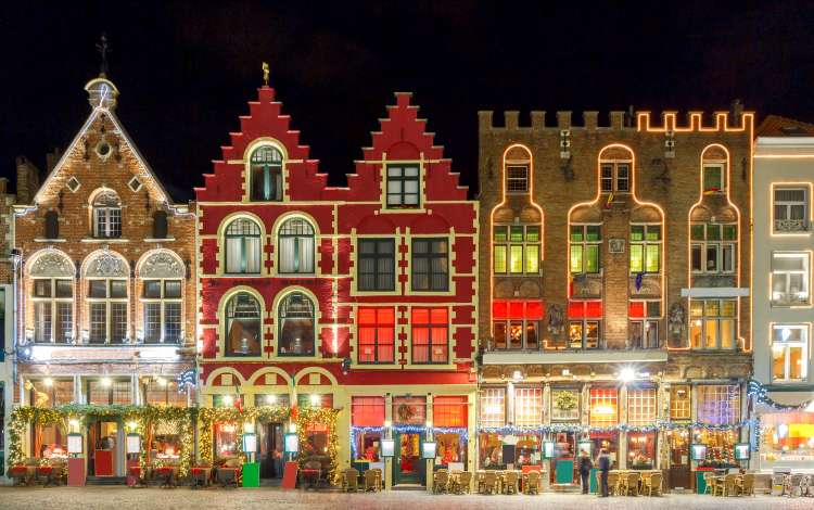 Christmas decoration and lighting Old Market Square in the historic center of Bruges, Belgium.; Shutterstock ID 389804668