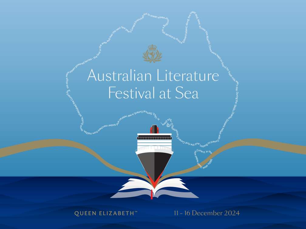 Australian Literature Festival at Sea 2024 logo showing a map of Australia and a Cunard cruise ship 