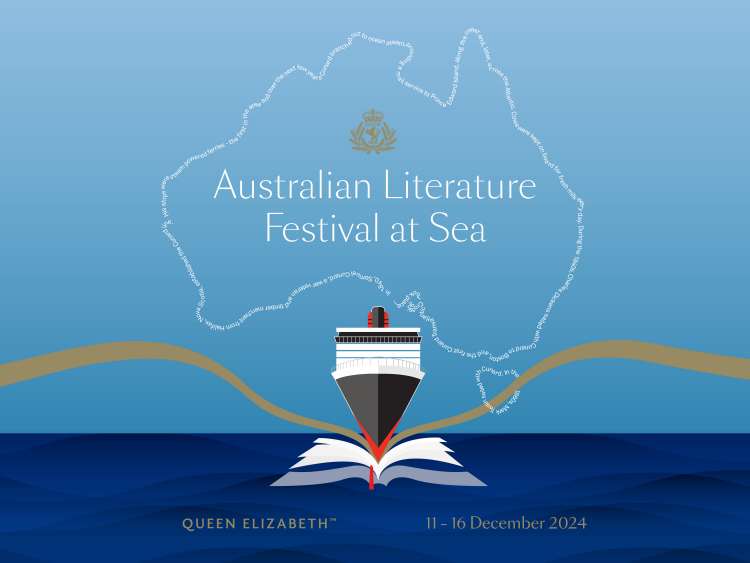 Australian Literature Festival at Sea 2024 logo showing a map of Australia and a Cunard cruise ship 