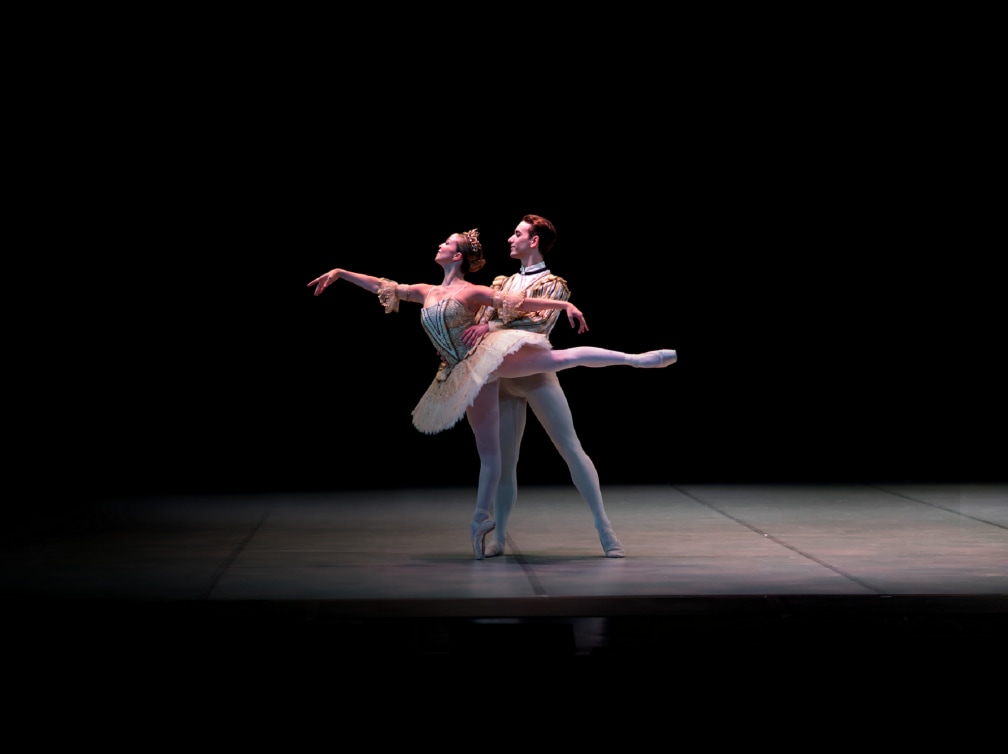 A leading couple rehearse their ballet performance for Cunard's Dance the Atlantic voyage