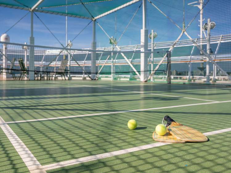 The tennis court on board Queen Victoria.Client: Cunard.Picture date: Tuesday October 11, 2022.Photograph by Christopher Ison ©07544044177chris@christopherison.comwww.christopherison.comIMPORTANT NOTE REGARDING IMAGE LICENCING FOR THIS PHOTOGRAPH: Agreement title: For Cunard and third parties - Chris Ison photographyAgreement: This image is for Cunard and third parties, can be used in all markets, all channels and expires on 15 October 2027.  No sales are permitted unless expressly agreed in writing with the photographer.