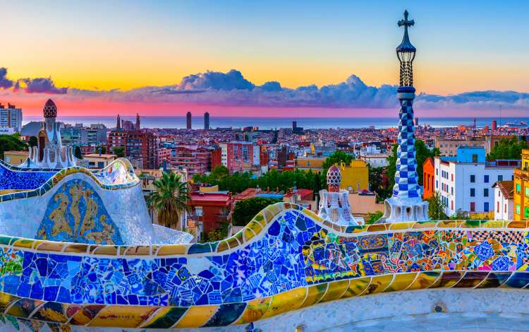 Skyline panorama of Barcelona at sunrise. Spain