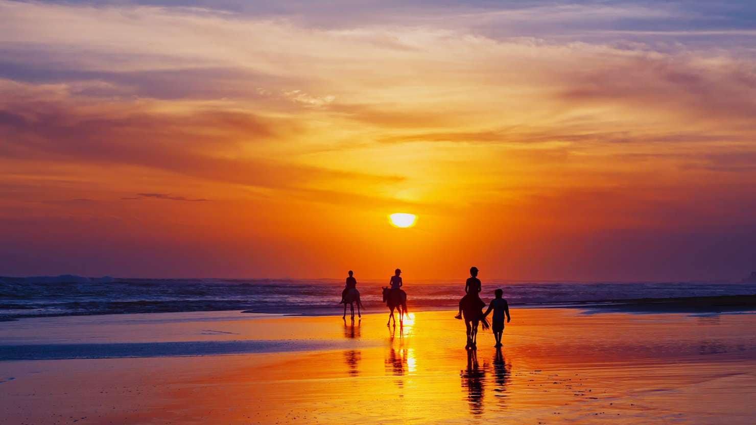 Family horseriding on a beach at sunset