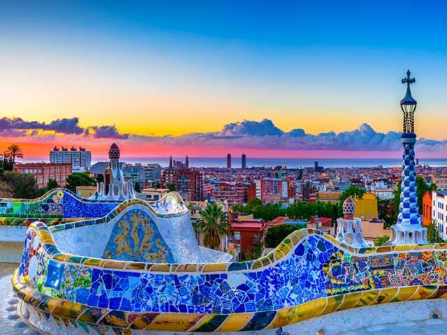 Skyline panorama of Barcelona at sunrise. Spain