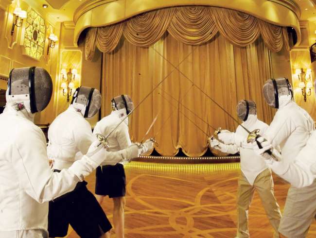 A fencing lesson in the Queens Room on board a Cunard Queen