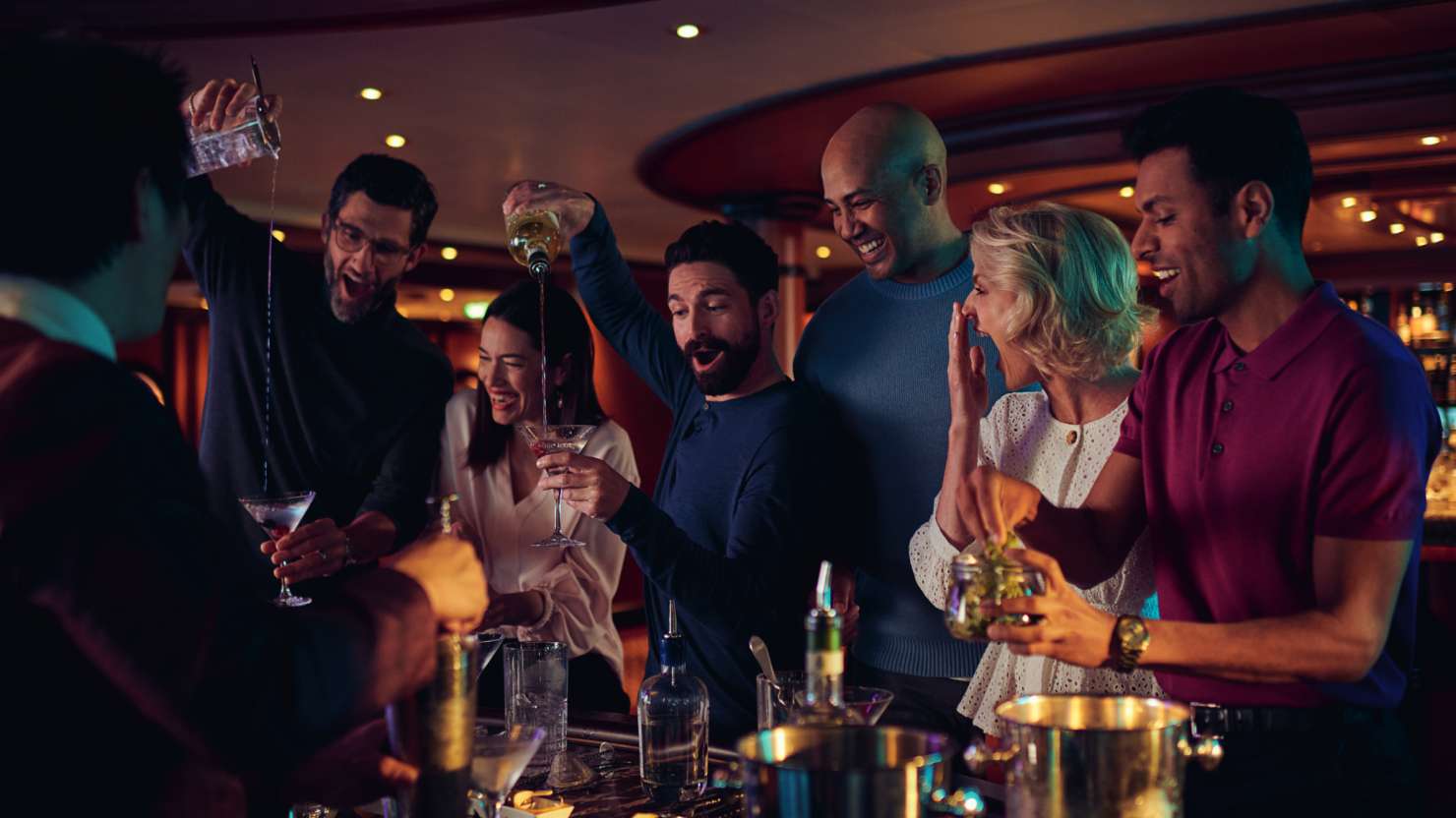 Guests enjoying a mixology class on board Queen Elizabeth