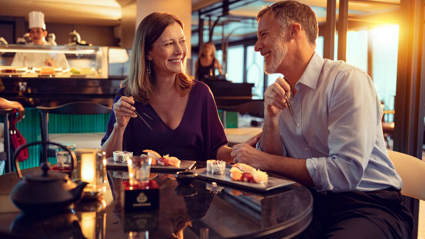 Guests enjoying Alternative Dining at the Aji Wa restaurant on board Cunard cruise ship Queen Anne