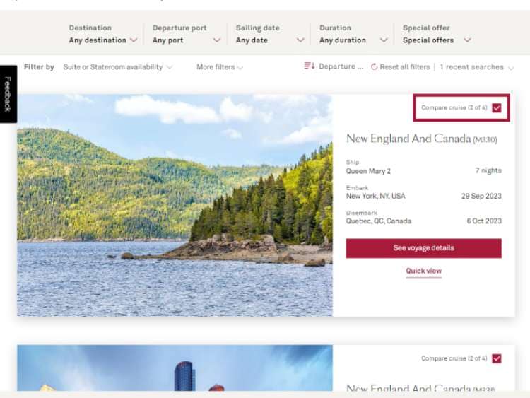 Comparison feature in the Cunard booking flow