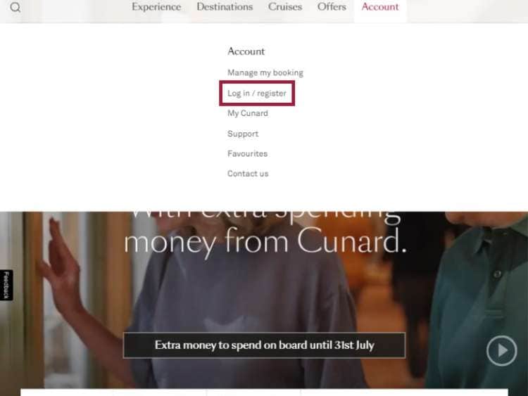 Navigating to My Account from the Cunard homepage