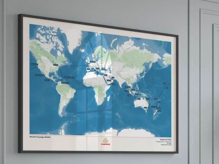 A commemorative custom print of a Cunard voyage, made in partnership with The Cruise Maps