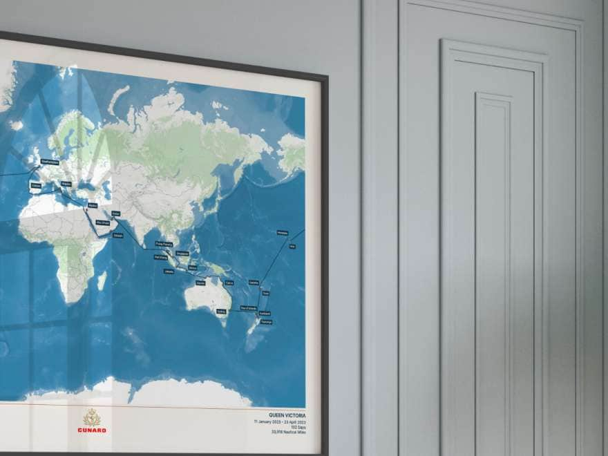 A commemorative custom print of a Cunard voyage, made in partnership with The Cruise Maps