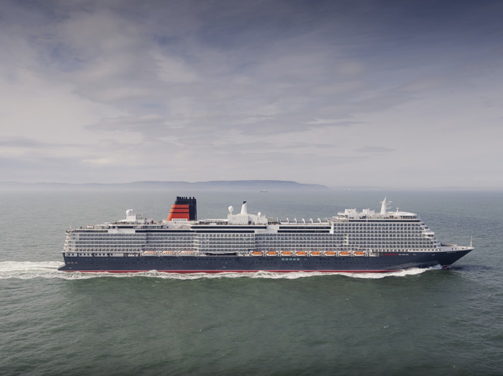 Starboard side view of Cunard's Queen Anne as she sails into Southampton