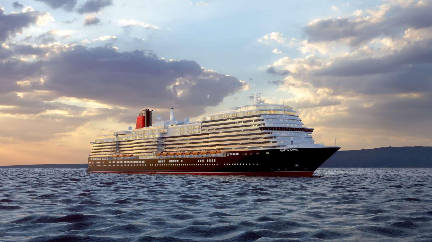 Cunard's Queen Anne sailing at sunset