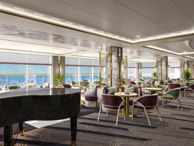 The Carinthia Lounge on Cunard's Queen Anne by day, showing sea views, grand piano and seating areas