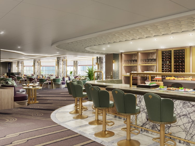 The Carinthia Lounge on Cunard's Queen Anne by day, showing bar and seating areas