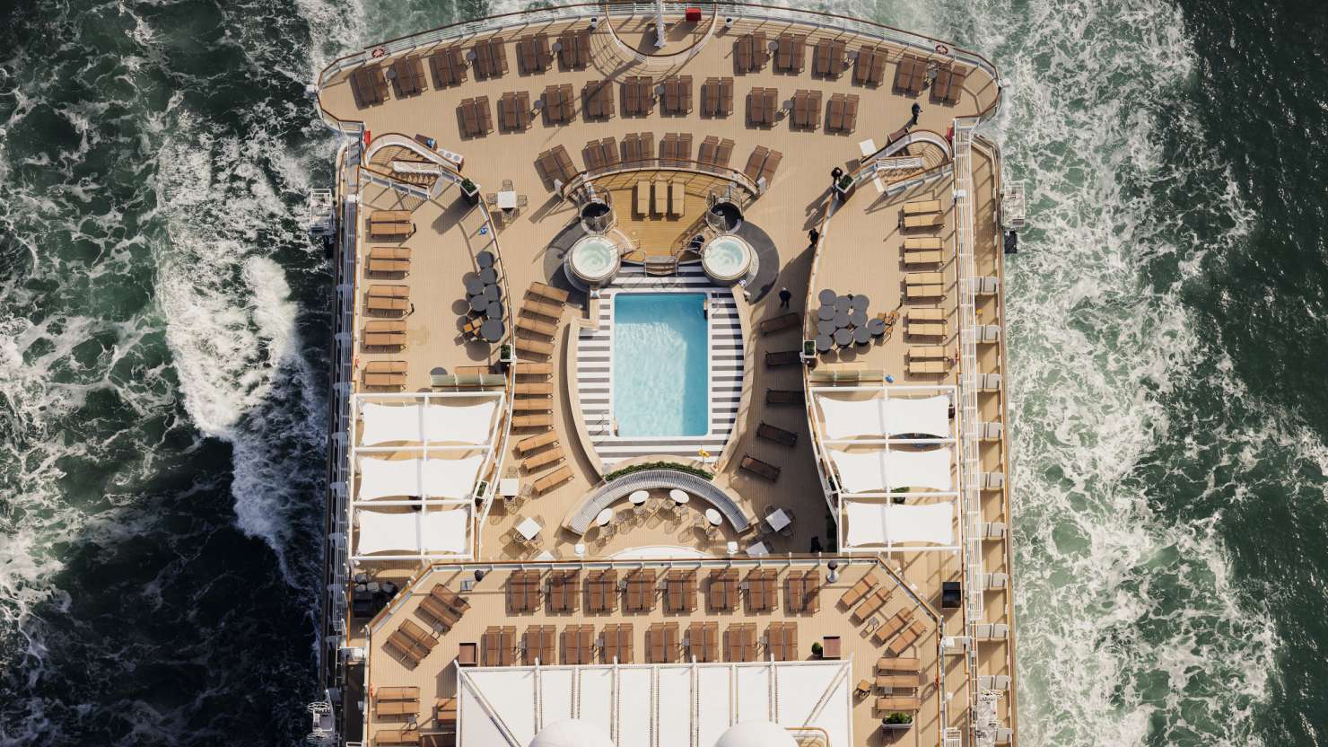 Queen Anne's aft deck from above, showing the Panorama Pool Club